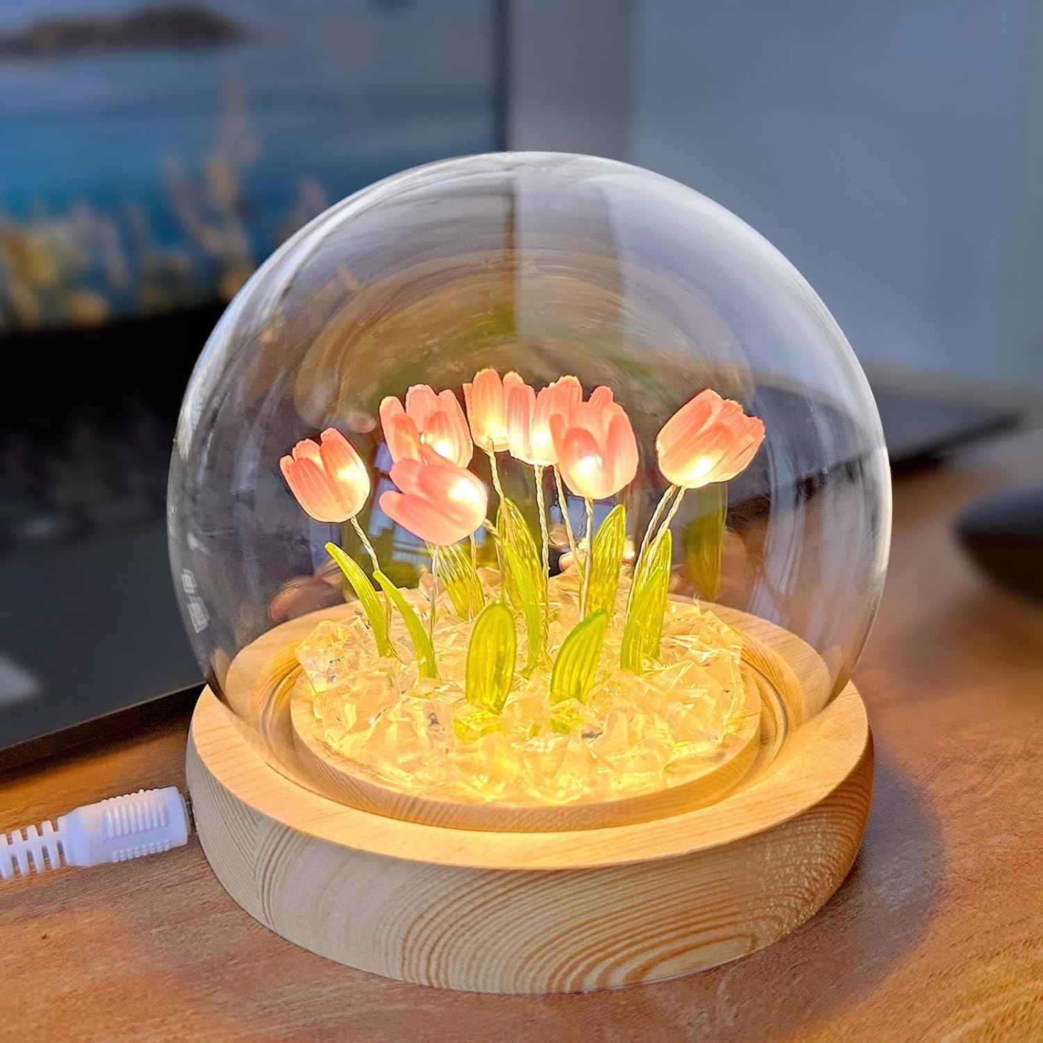 Flower night light with 10 led tulip, 3.93 inch glass cover, wooden base and usb plug for home decor