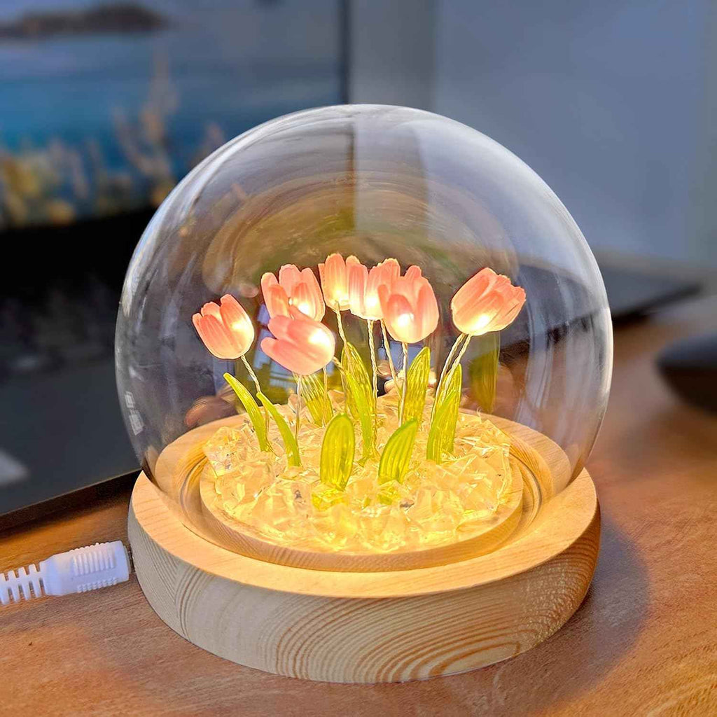 Flower night light with 10 led tulip, 3.93 inch glass cover, wooden base and usb plug for home decor