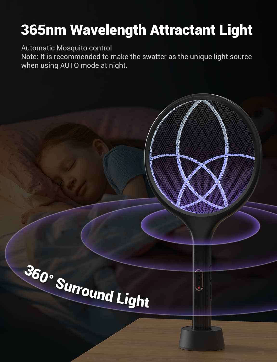 yissvic electric fly swatter bug zapper racket dual modes mosquito killer purple light rechargeable indoor outdoor