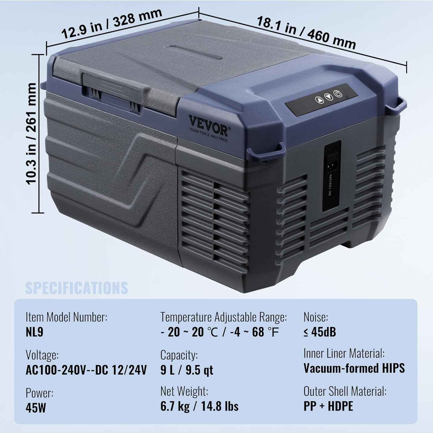 VEVOR Car Refrigerator, 12 Volt Car Refrigerator Fridge, 9 L Single Zone Portable Freezer, -4℉-68℉ Adjustable Range, 12/24V DC and 100-240V AC Compressor Cooler for Outdoor, Camping, RV