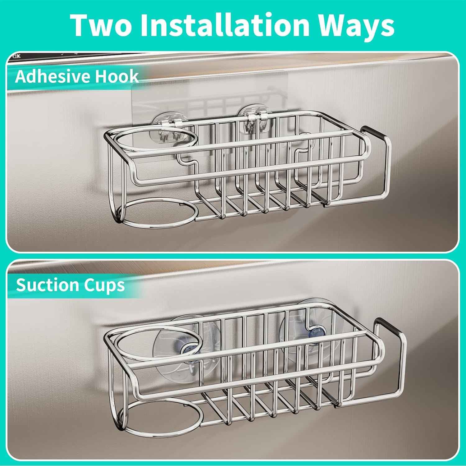 HapiRm 4-in-1 Stainless Steel Sink Caddy with Sponge Holder, Dish Cloth Hanger, Soap Rack, and Sink Stopper Rack