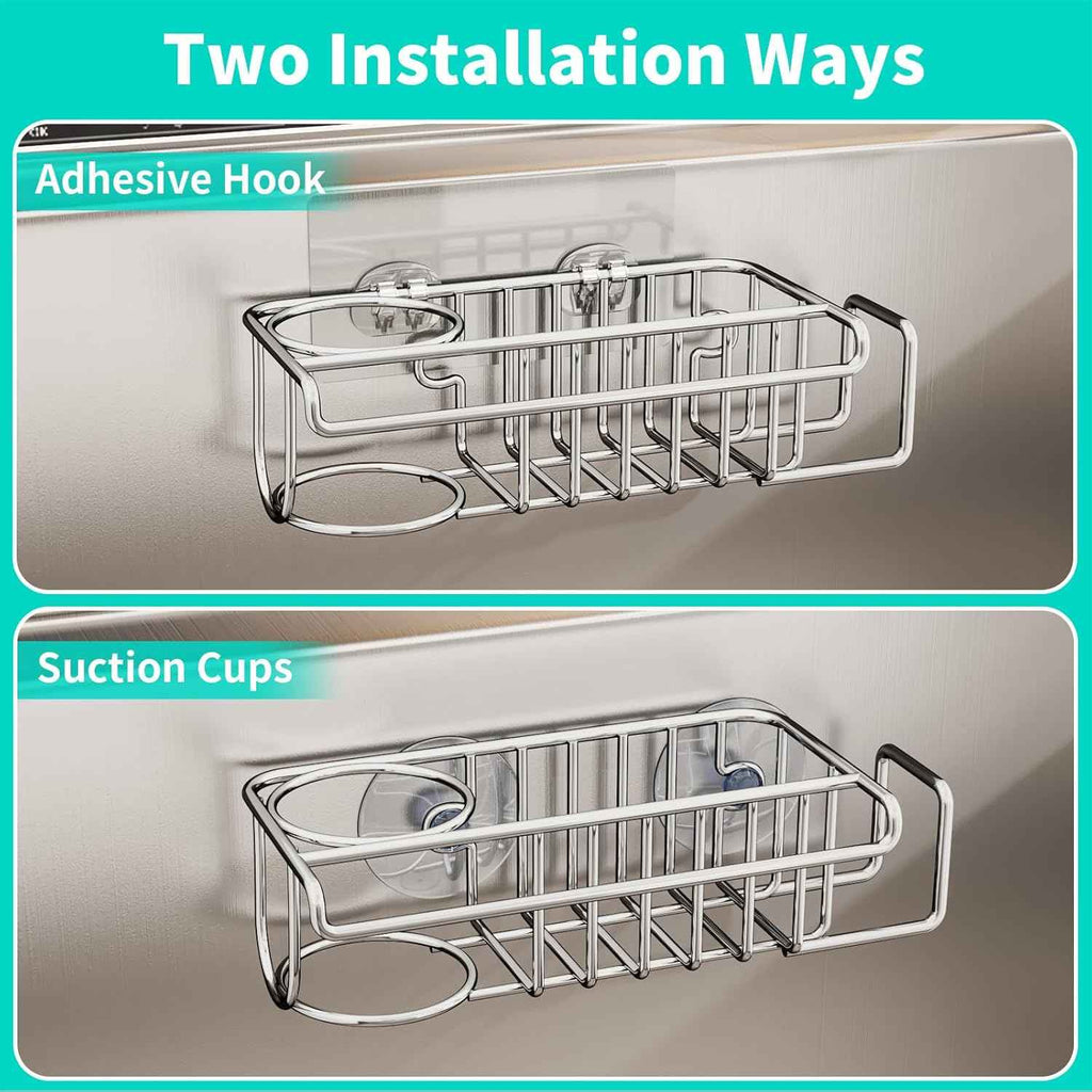 HapiRm 4-in-1 Stainless Steel Sink Caddy with Sponge Holder, Dish Cloth Hanger, Soap Rack, and Sink Stopper Rack