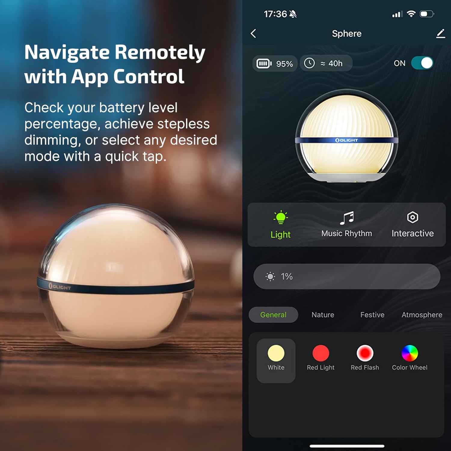olight sphere smart night light, 75 lumens stepless dimming table lamp with remotely app control, magnetic rechargeable rgb ambient lighting