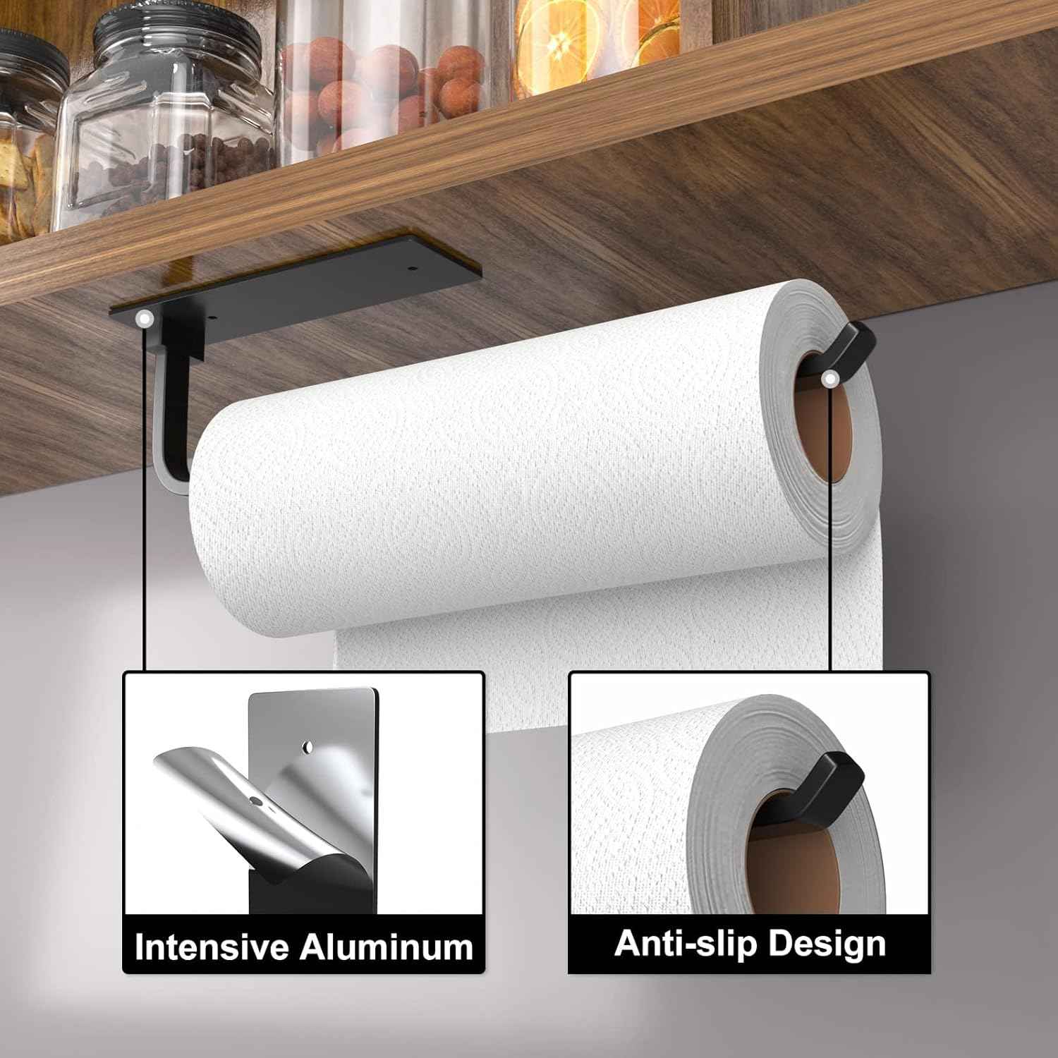 Upgraded Aluminum Paper Towel Holder - Self-Adhesive or Drilling, Matte Black, Kitchen Roll Dispenser
