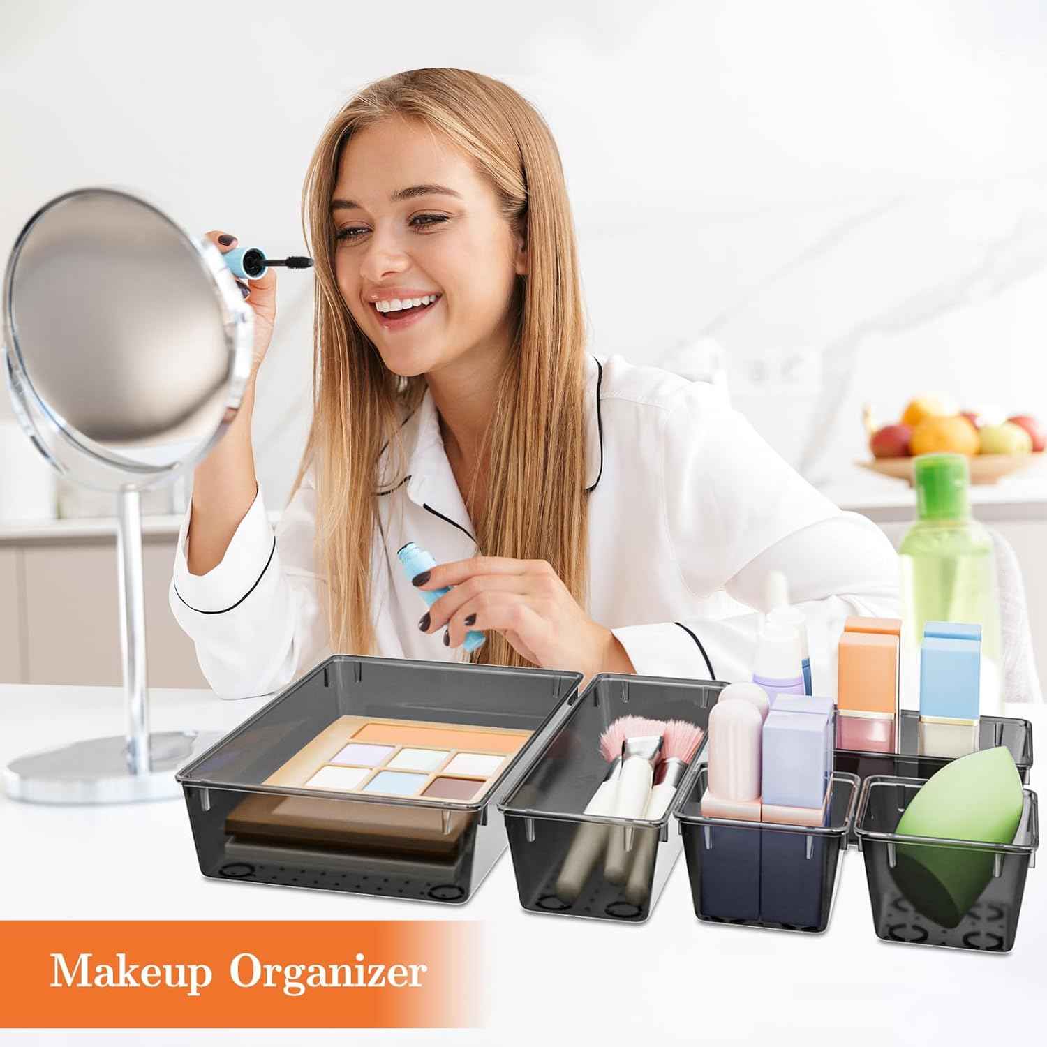 25 PCS Plastic Drawer Organizer Set with 4-Size Trays for Makeup, Jewelry, and Gadgets