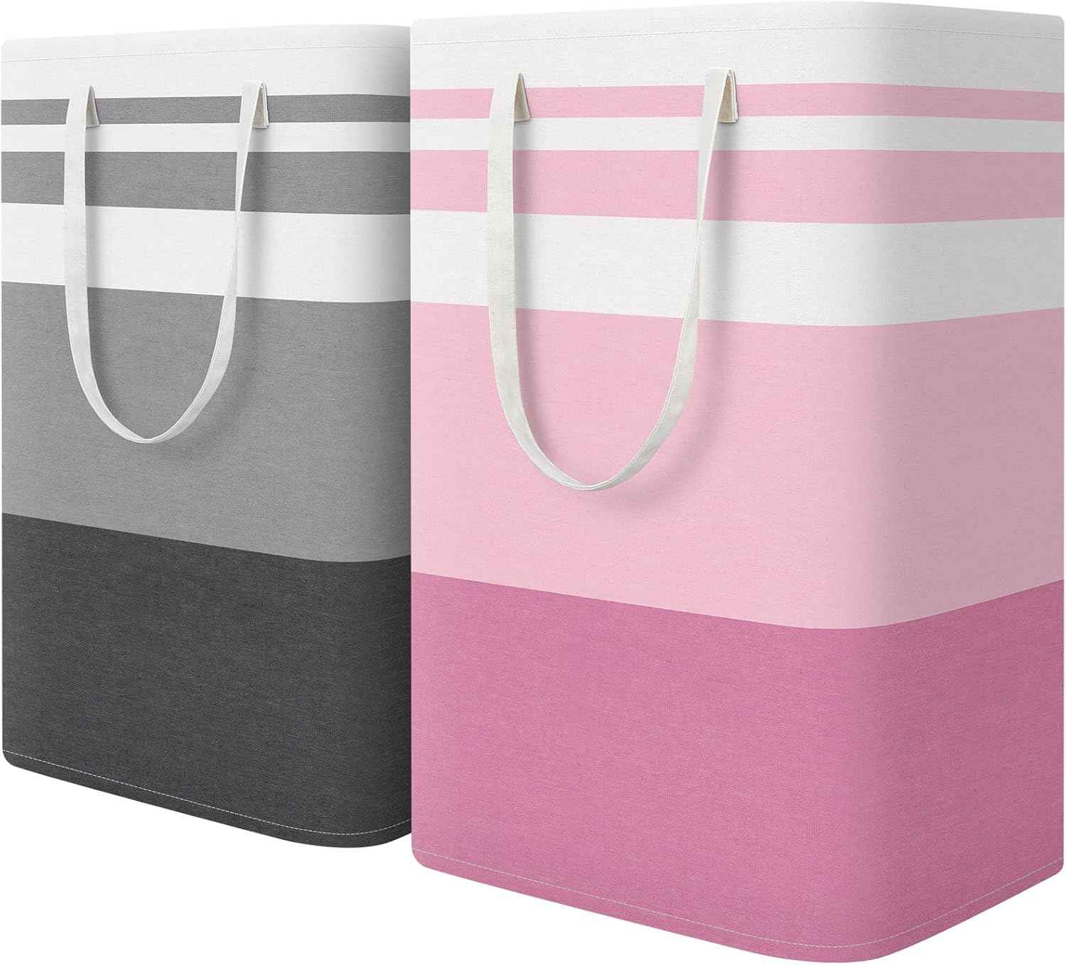 HomeHacks 2 Pack Large Laundry Baskets, Waterproof, Freestanding Laundry Hampers, Collapsible Clothes Hamper with Reinforced Handles in Laundry Room, College Dorm, Bathroom, Bedroom (Grey, 75Lx2)
