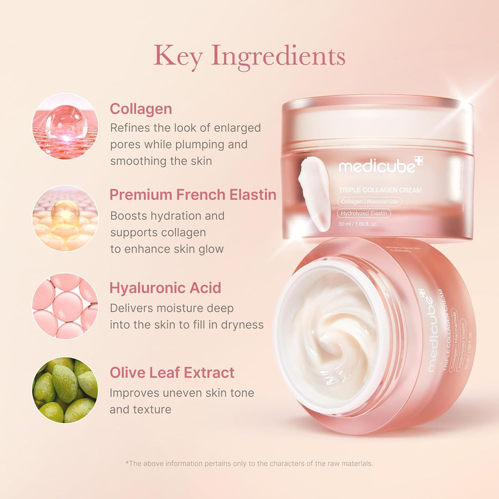 medicube triple collagen cream, 1.69 oz, hydrating & firming moisturizer with hyaluronic acid, premium elastin, shea butter, korean skincare