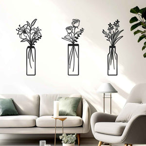 3 Pcs Large Black Metal Flowers and Vases Wall Decor Farmhouse Metal Flowers Wall Art Minimalist Art Flower Arrangement for Living Room Bedroom or Kitchen (Black, Floral C)