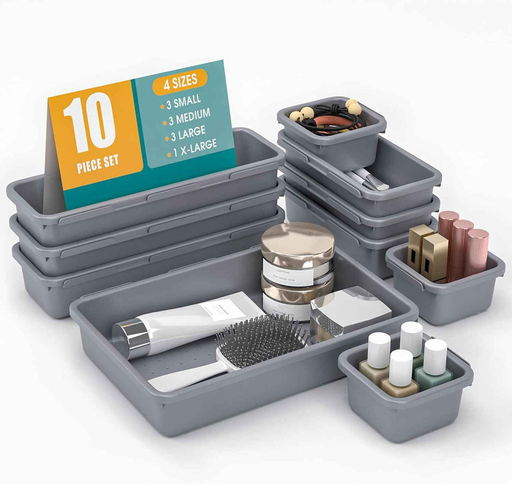10 PCS Drawer Organizer Set, 4 Size Makeup Drawer Divider Organizer With Non-Slip Pads, Interlocking Plastic Storage Bins for Office,Jewelry Vanity,Gadgets, Bathroom,Kitchen, Black