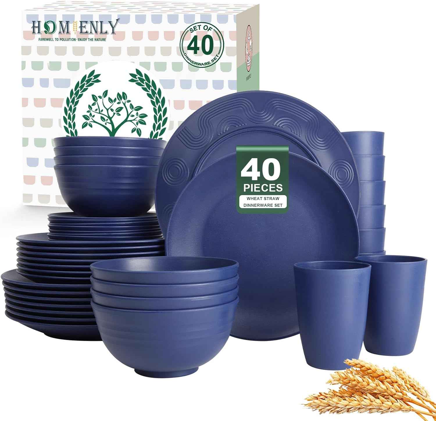 Homienly 40-Piece Premium Wheat Straw Dinnerware Sets, Service for 8, Unbreakable Plates and Bowls Set - Cups Sets, Dinner Plates, Bowls for Kitchen,Dishwasher and Microwave Safe Dishes Set - Multi