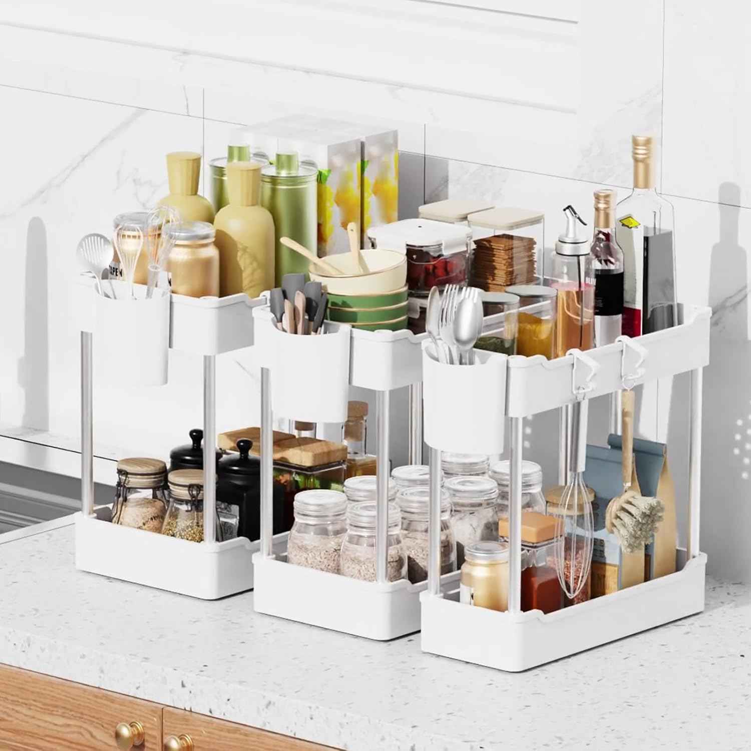 3 Pack Under Sink Organizer, 2 Tier Bathroom Cabinet with Hanging Cups, White, Kitchen & Bathroom Storage