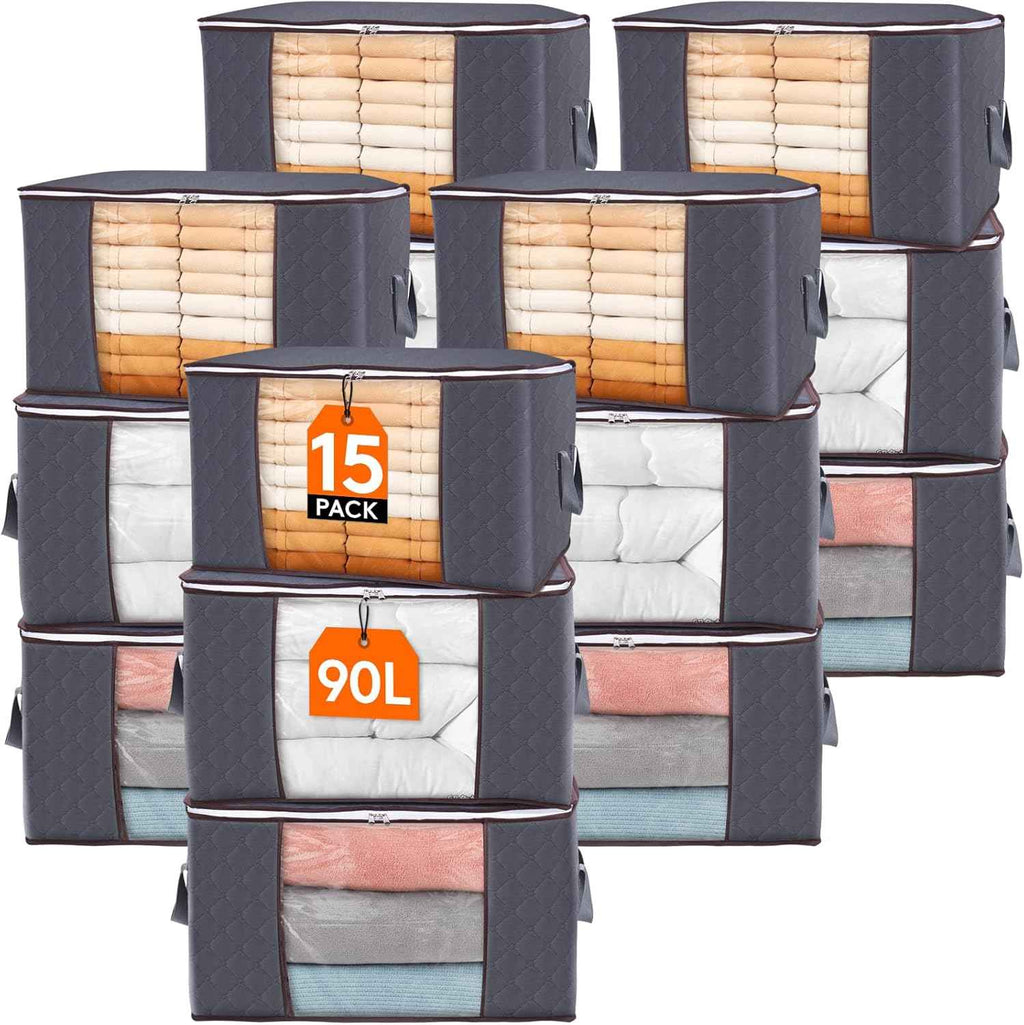 Lifewit 6 Pack Clothes Storage Bins with Lids, Foldable Blanket Storage Bags with Zippers, Clear Window and Reinforced Handles, Closet and Organization for Clothing, Sweater, Comforter, Bedding, Gray