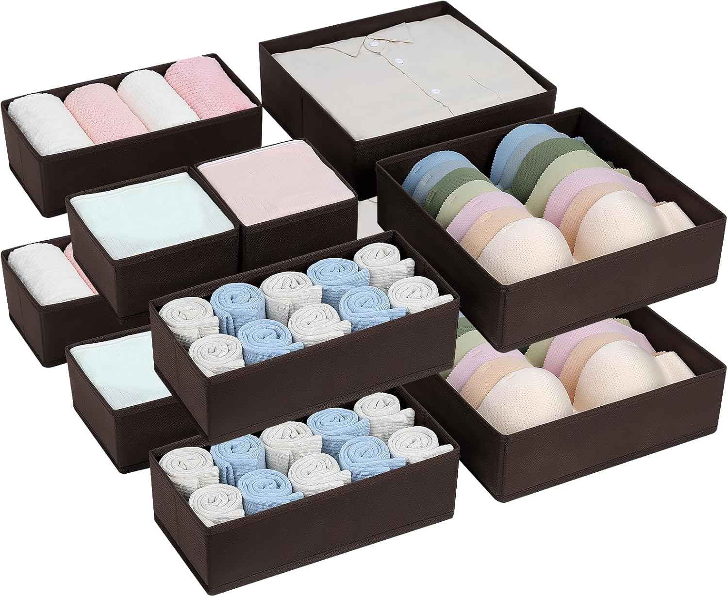 DIMJ Drawer Organizer Clothes, 12 Pack Dresser Organizer, Foldable Closet Organizers and Storage, Fabric Dresser Bins, Drawer Dividers for Nursery, Baby Clothes, Underwears, Sock (Beige)
