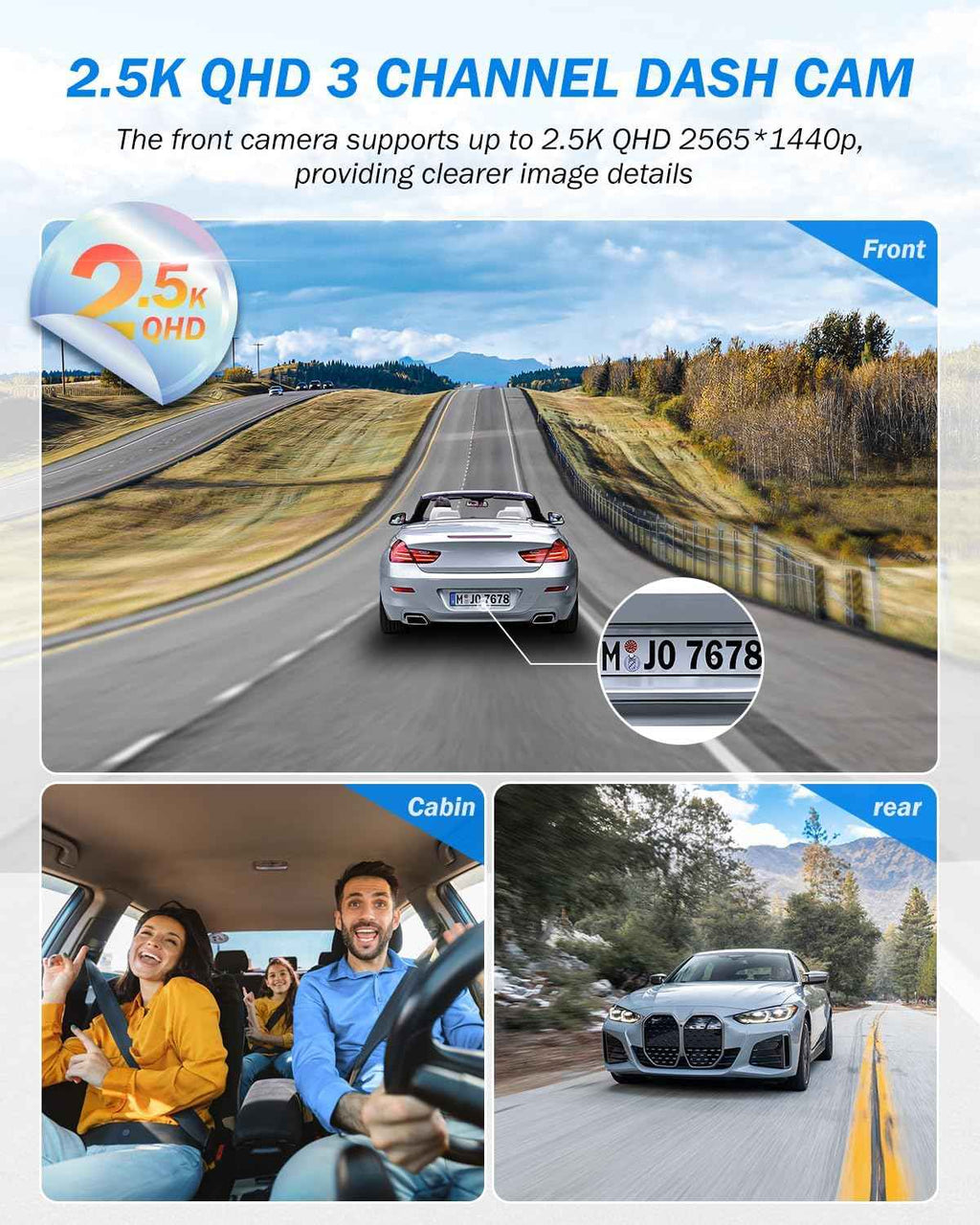 dash cam blue front and rear 2.5k+1440p triple car camera 3 channel with 32gb card