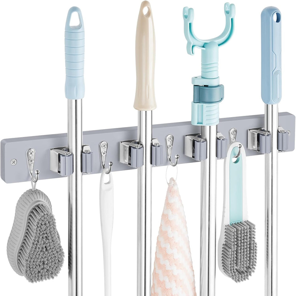 Mop and Broom Holder Wall Mount - Rustic Wood Broom Mop Hanger - Wall Mounted Garden Tool Rack Organizer for Closet Garage Laundry Room Kitchen Decor With 4 Slots & 4 Hooks - ShopUS