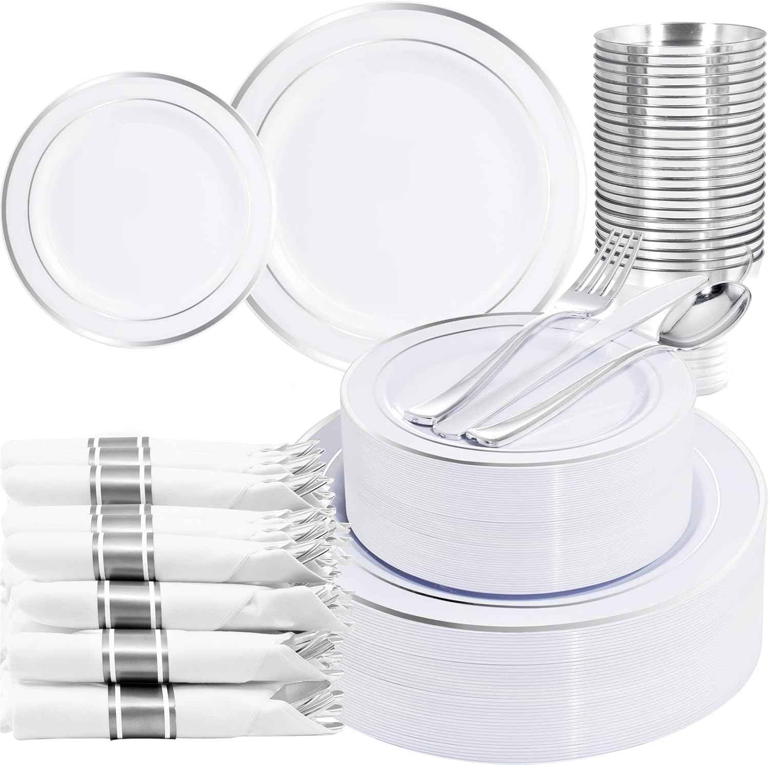 WELLIFE 700 Pieces Silver Plastic Dinnerware Set for 100 Guests - Includes Plates, Cups, Napkins, and Disposable Cutlery - Elegant White & Silver Design, Perfect for Parties and Events