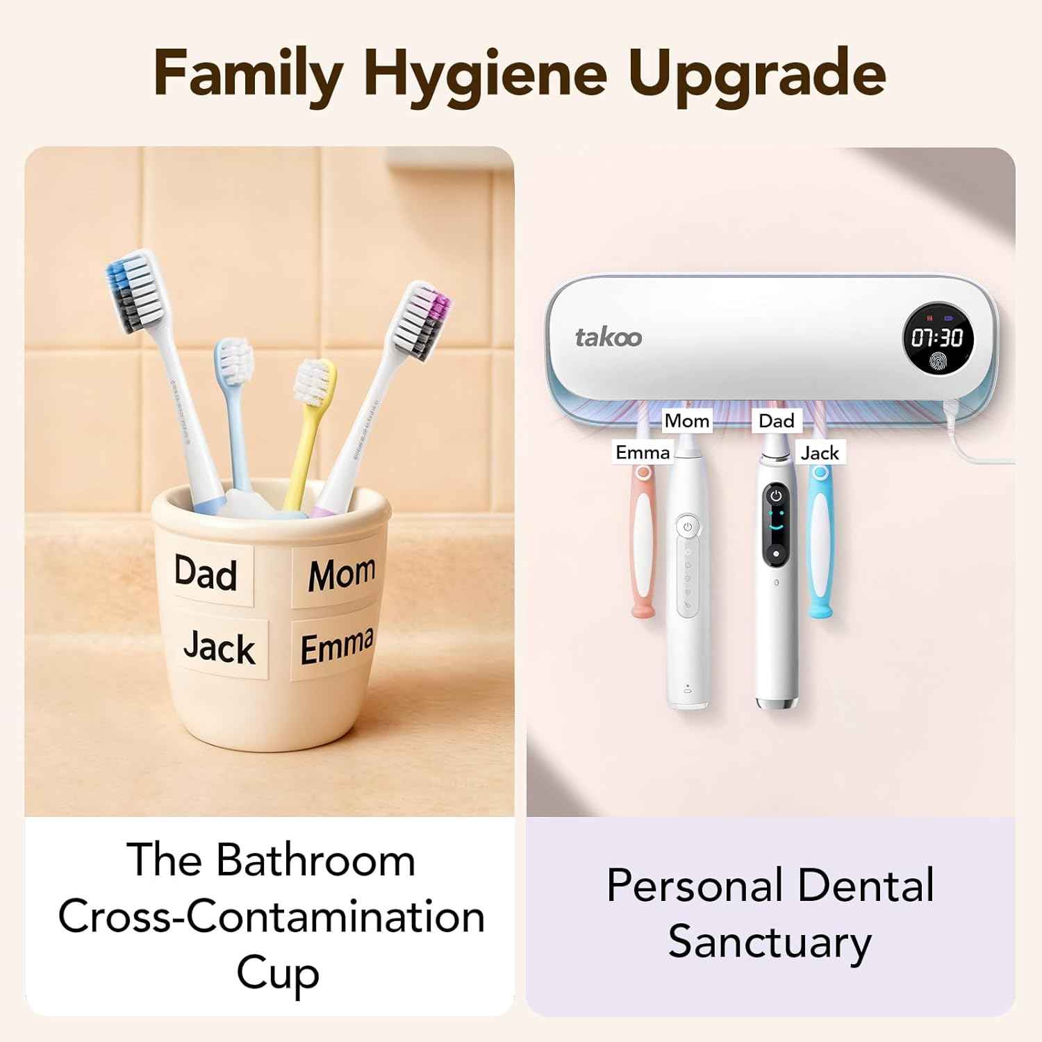 Takoo Toothbrush Cleaner, 4 Slots Wall Mounted Toothbrush Holder for Bathroom, Smart Hot Air Drying Technology, Rechargeable Smart Home Gadget