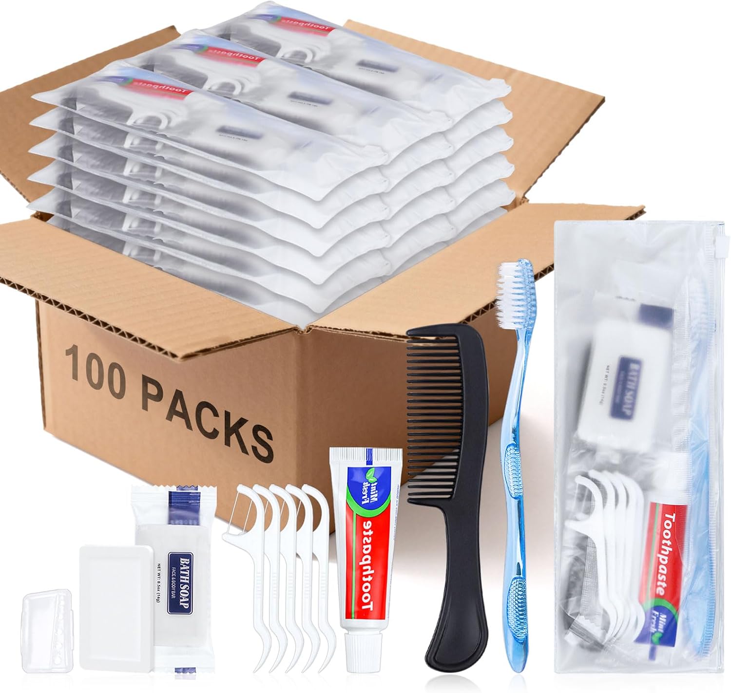 hqsl 10-set personal hygiene kit, disposable toothbrushes with toothpaste floss comb soap and cover for travel, homeless, women, men