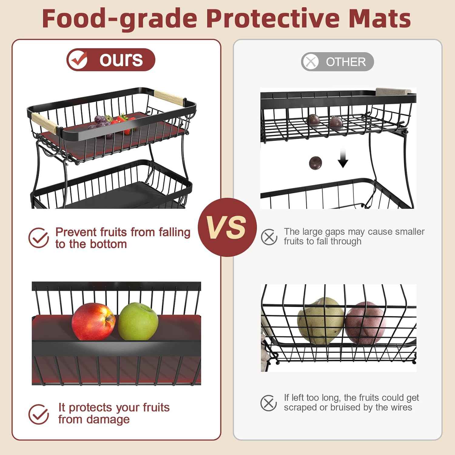 2 Tier Fruit Basket for Kitchen Counter with 2 Mobile Banana Hangers, 2025 Pro Detachable Metal Fruit Bowl with Wooden Handle, Fruit Holder for Bread Snack Veggies with Protective Mats