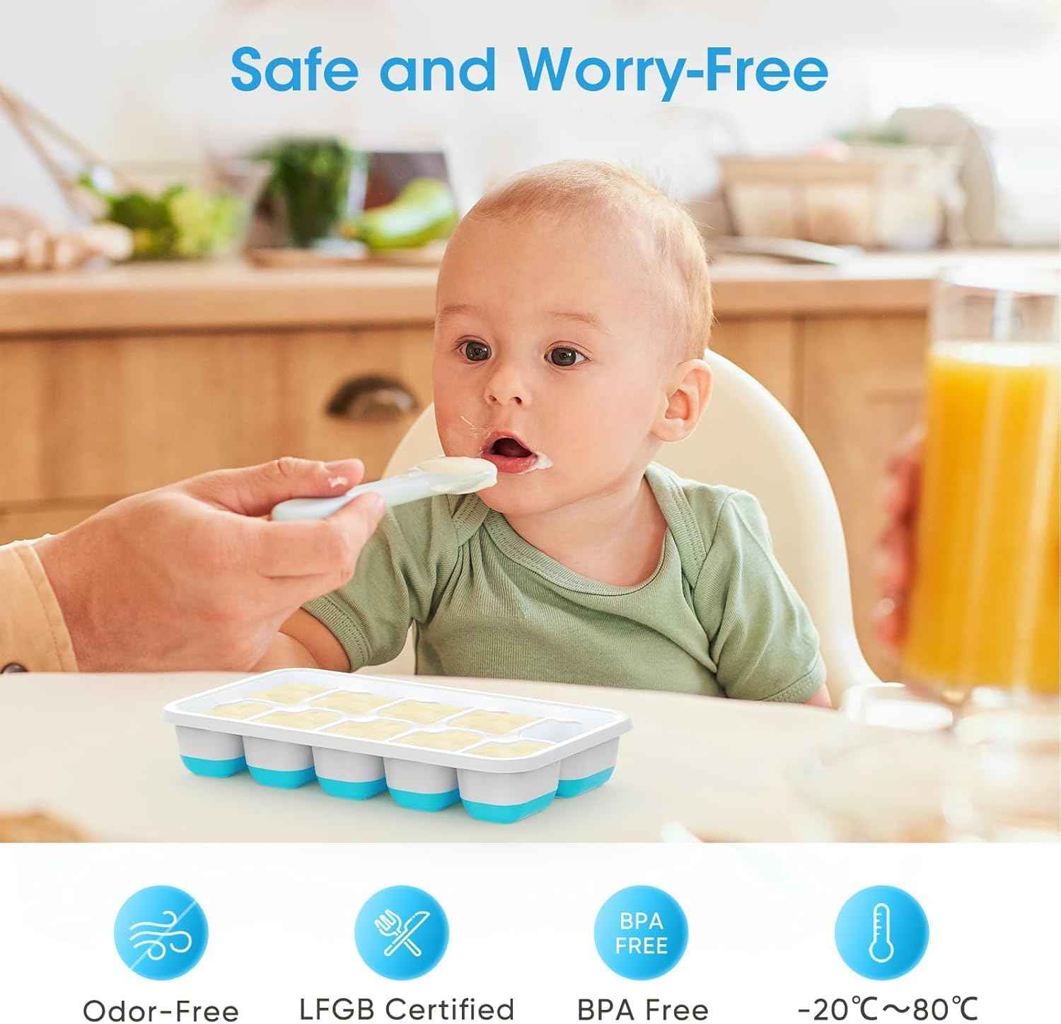 DOQAUS Silicone Ice Cube Trays with Lid & Bin, 4-Pack - Stackable Storage for RV, Soup, Food, Cocktail, Coffee