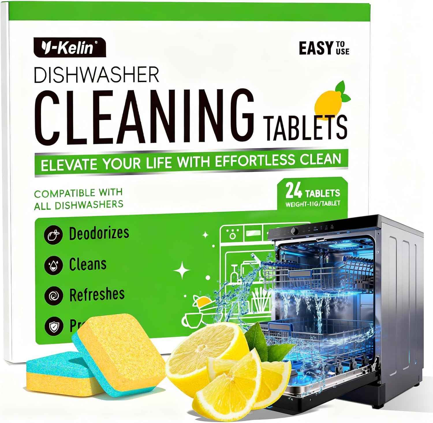 Lemon Scent Dishwasher Cleaner and Deodorizer Tablets, 24 Pack - Removes Limescale & Odor, Safe for All Dishwashers