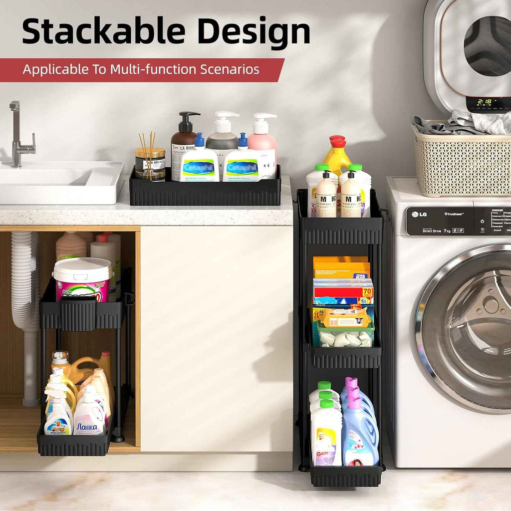 4 Pack Under Sink Organizer, Bathroom Organizers and Storage, 2 Tier Multi-Use Pull Out Cabinet Organizer with Hang Hooks and Cups (Black, 4 Pack)