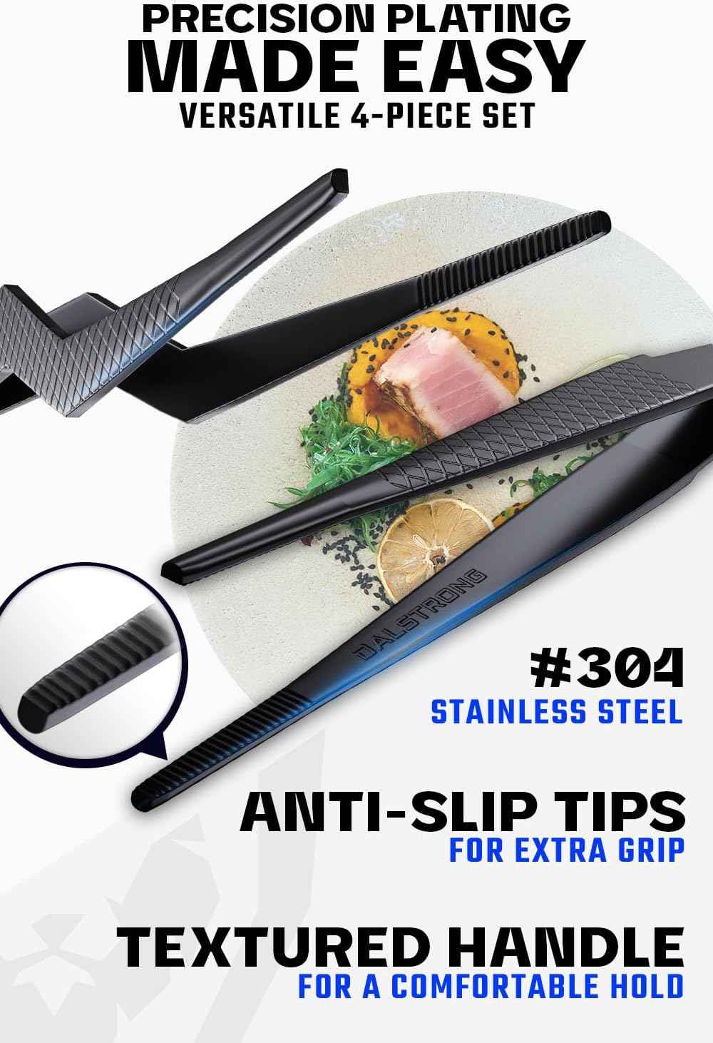 Dalstrong professional food tweezers 4pc set, 6.5", black titanium coating, multi-use, 304 stainless steel, culinary fine use, metal kitchen tongs