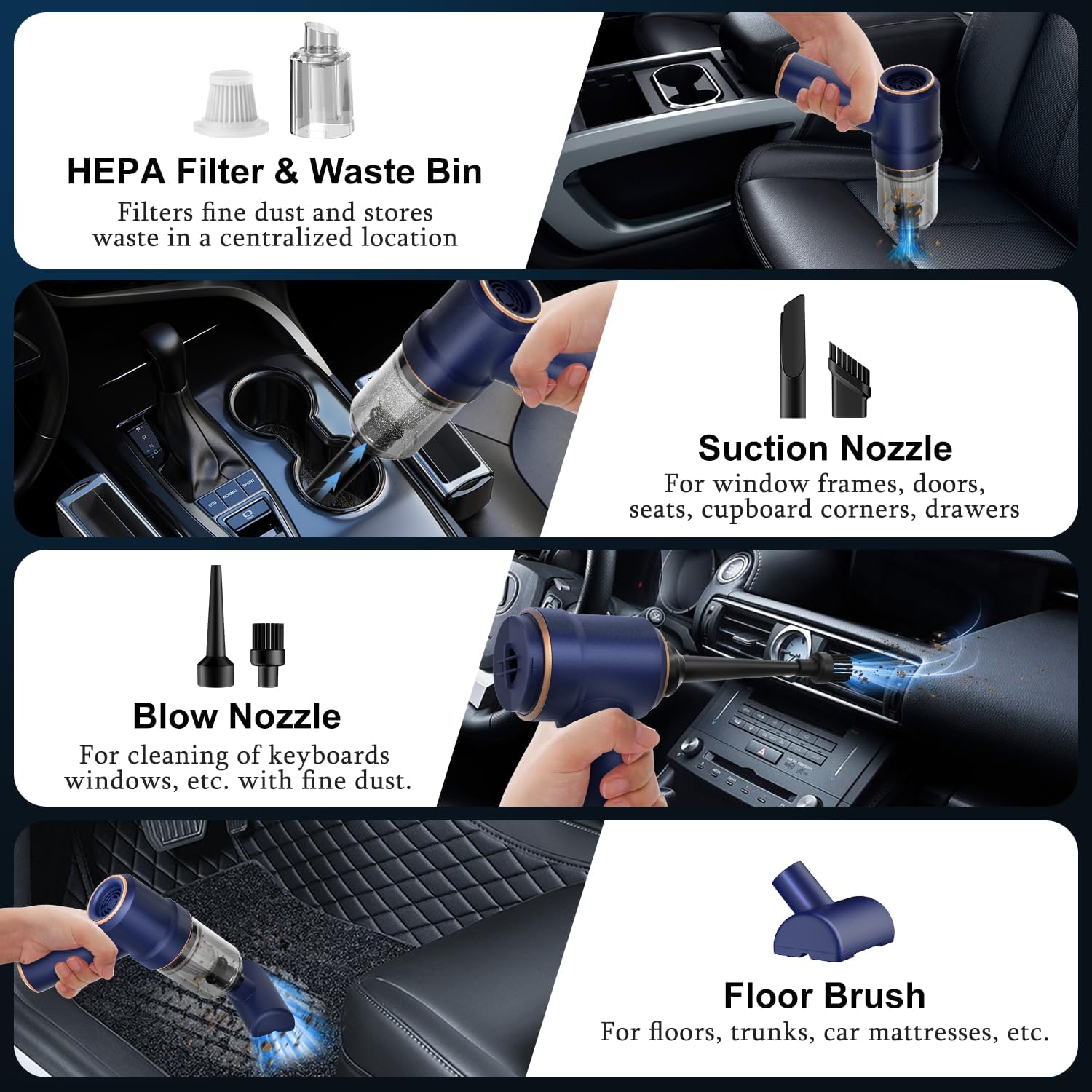 KMM 9000Pa handheld car vacuum cleaner with LED light and multi-nozzles for car home office pet