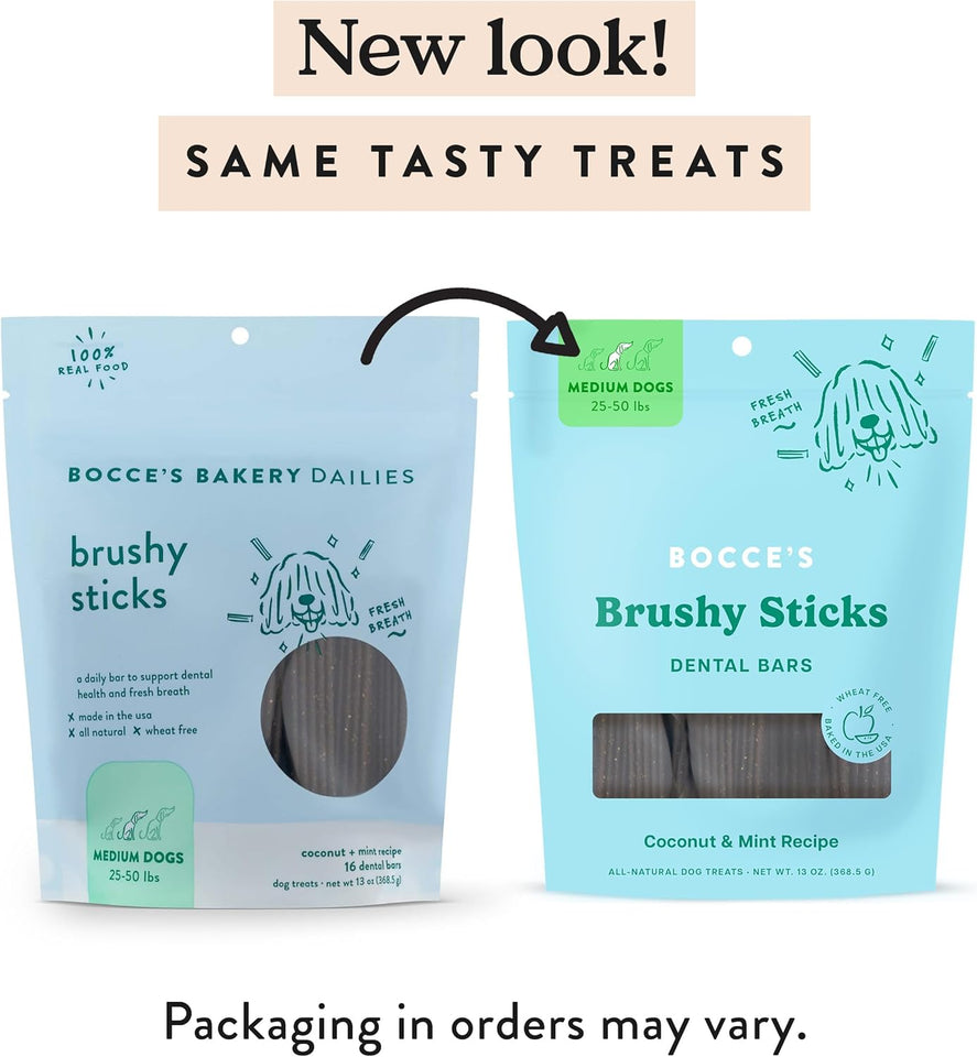 Bocce's Bakery Dailies Brushy Sticks for Medium Dogs, Wheat-Free, All-Natural Coconut & Mint, Baked in USA