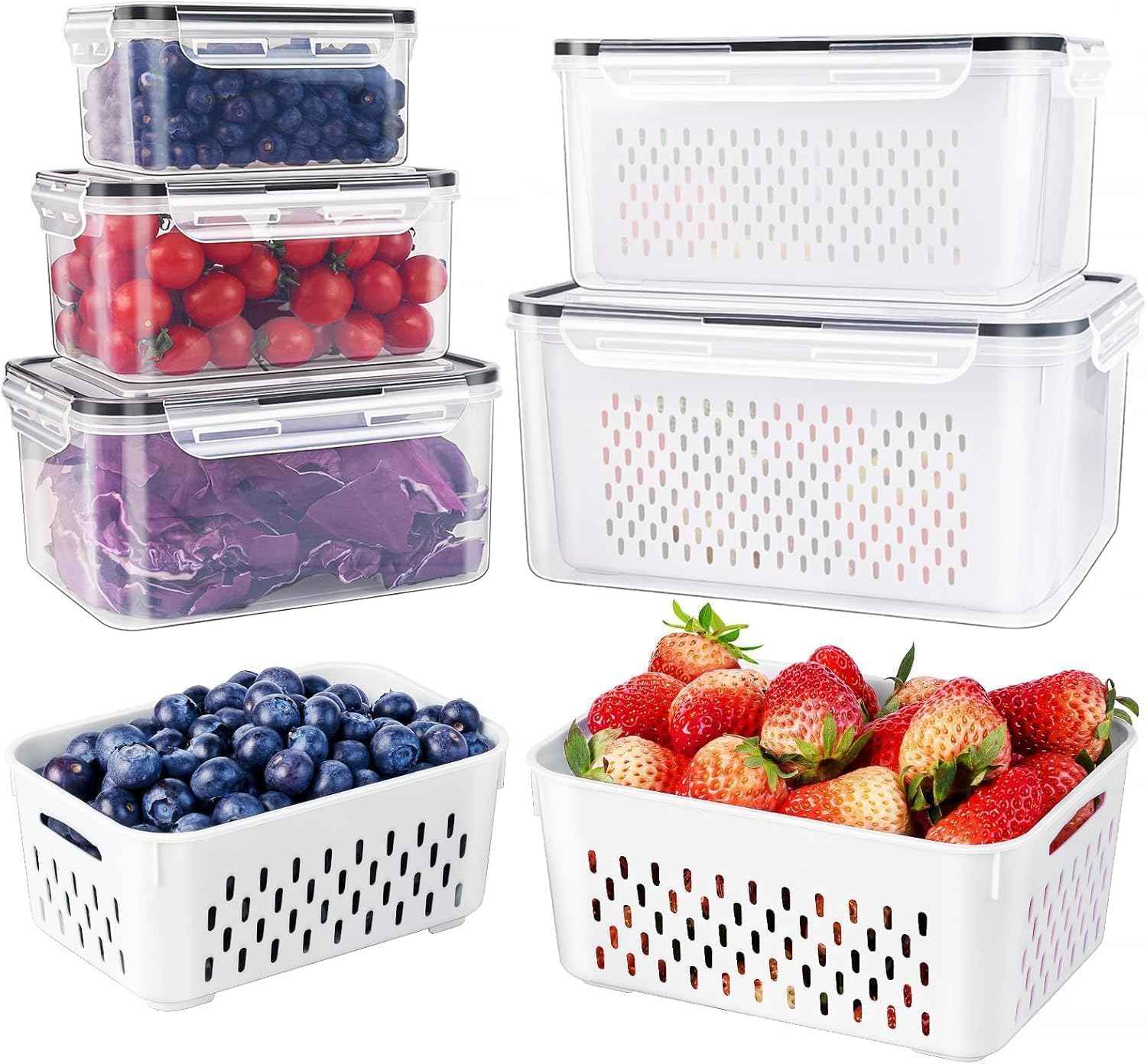 5PCS Large Leakproof Fruit Containers with Removable Colanders Dishwasher and Microwave Safe - Set of 5