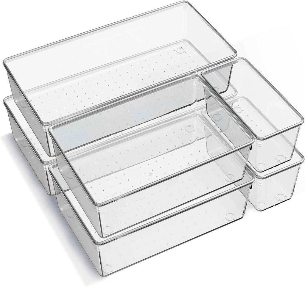 6-Pack Large Clear Plastic Drawer Organizer Trays - Acrylic Kitchen Storage Dividers for Makeup, Utensils, Bathroom & Office
