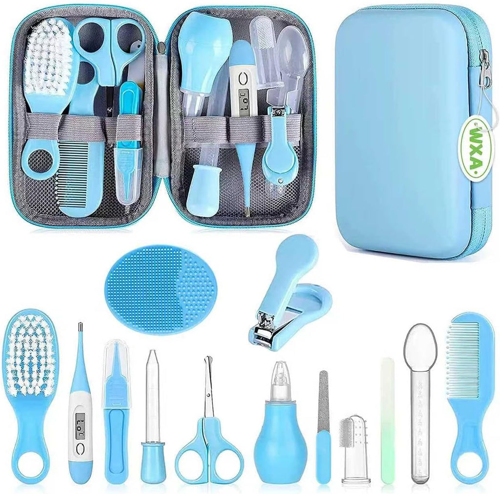 Baby Grooming Kit for Newborn Girls and Boys, Infant Safety Care Set with Hair Brush, Comb, Nail Clipper, Nasal Aspirator, Grey and White