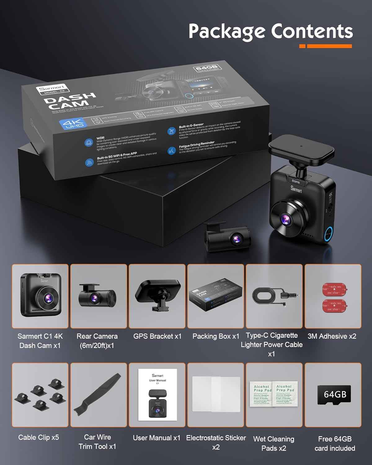 Sarmert C2 4K Dual Dash Cam Front and Rear - Built-in GPS and 5G WiFi, Free 64GB Card Included, 4K UHD Dash Camera for Cars, Night Vision, WDR, Loop Recording, App Control, 24H Parking Mode