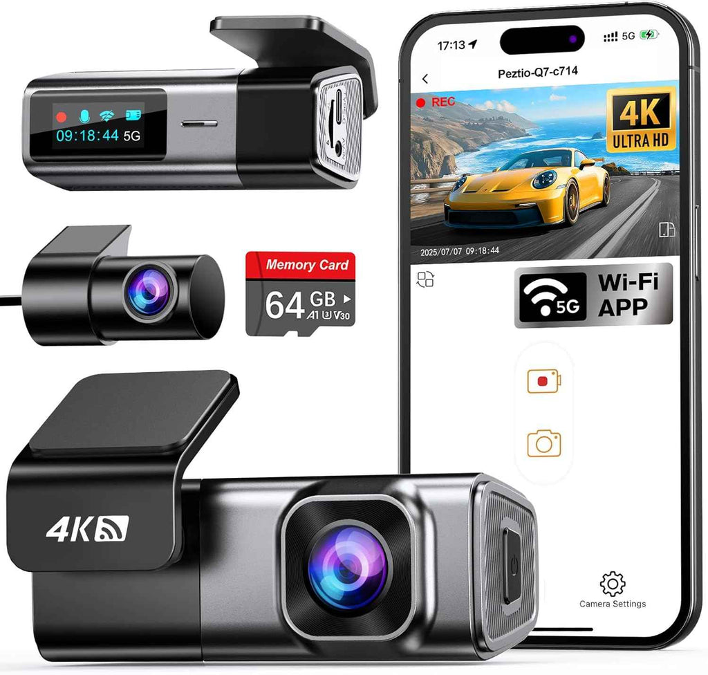 navycrest 4k dual dash cam front and rear with 64gb card, built-in 5g wifi, gravity sensor