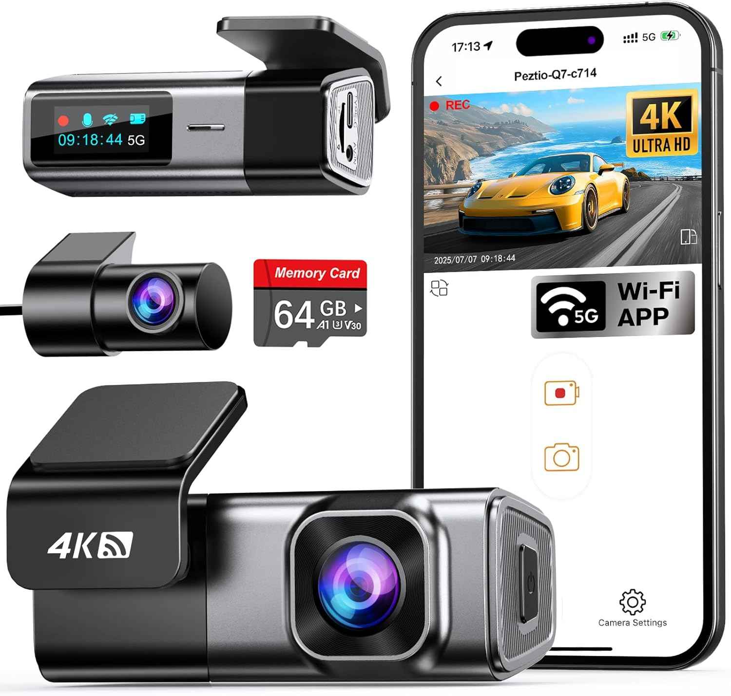 navycrest 4k dual dash cam front and rear with 64gb card, built-in 5g wifi, gravity sensor