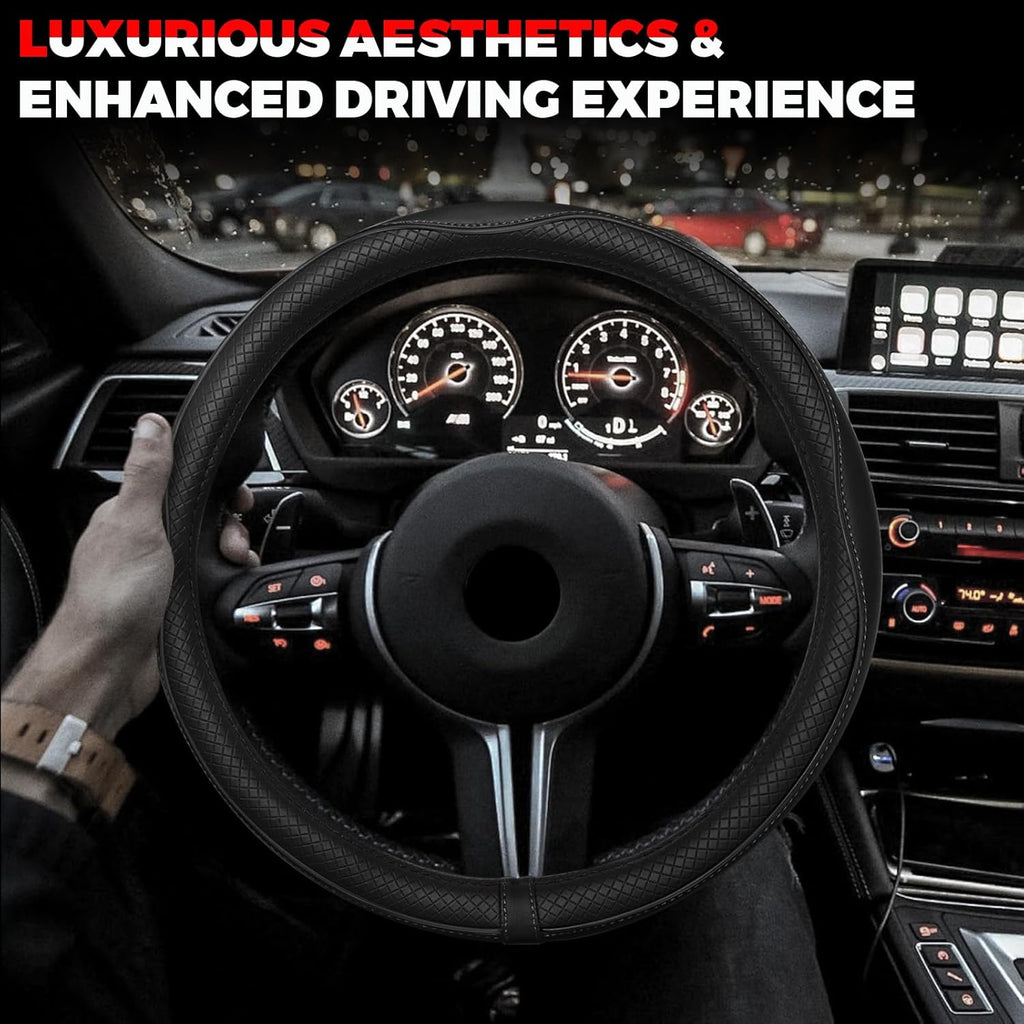 Ouzorp universal 14.5-15 inch black microfiber leather steering wheel cover with anti-slip lining