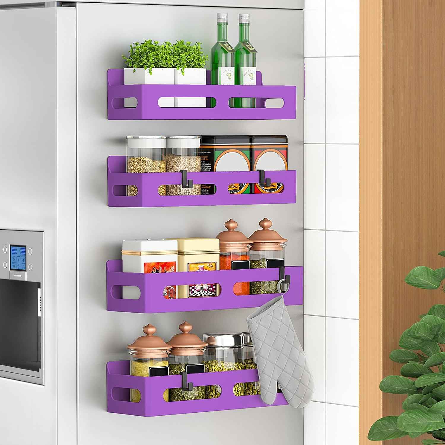 4 Pack Magnetic Spice Rack for Refrigerator, Spice Rack Organizer, Moveable Magnetic Shelf Fridge Organizer with 4 Hooks for Kitchen and Oven Organization, Black