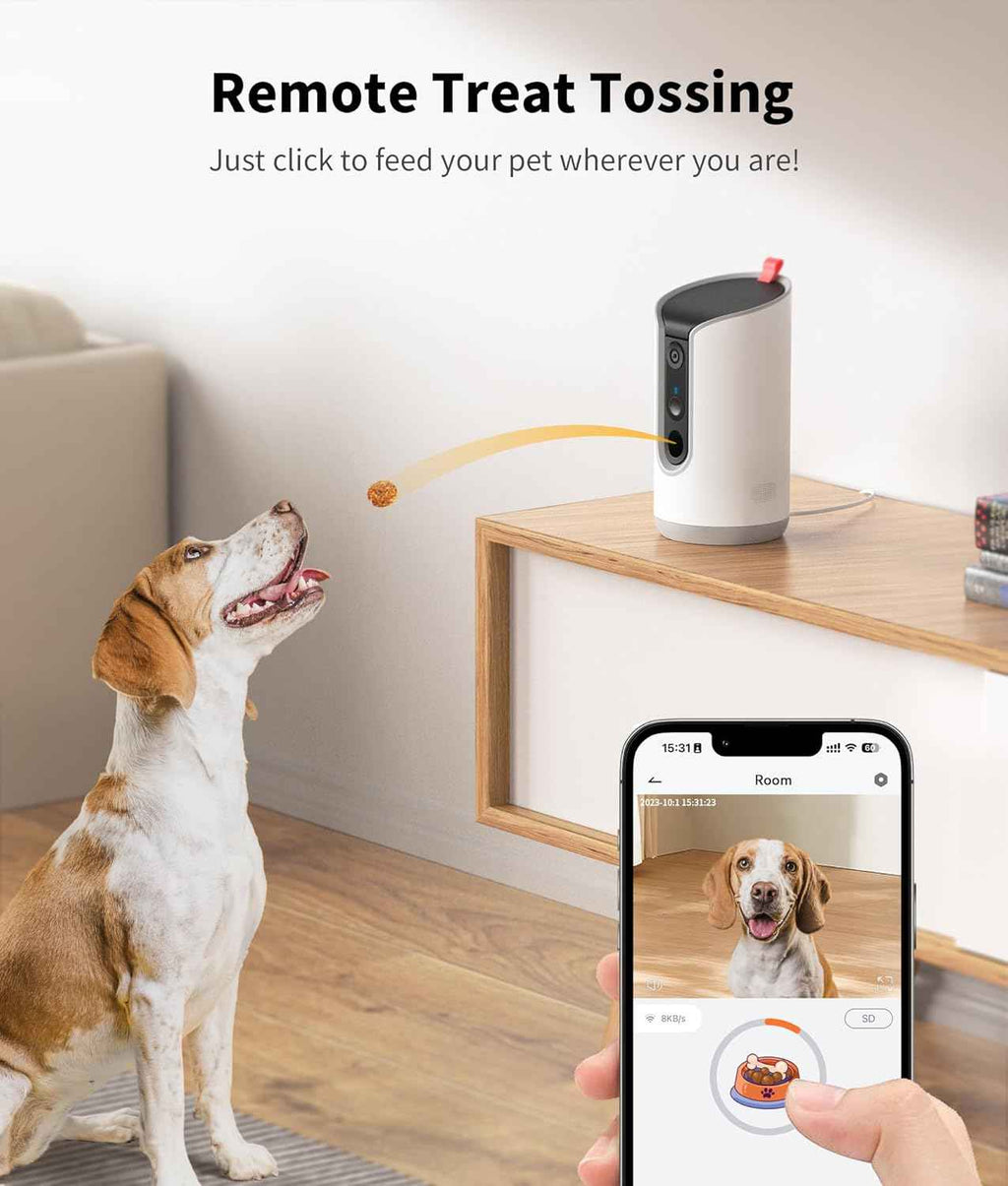 2K pet camera treat dispenser with 360° view, 5G&2.4G WiFi, 2-way talk, motion alerts, and auto tracking for cats and dogs