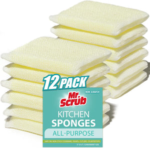 Mr. Scrub All-PLrpose Sponges, Non Scratch, for Washing and Cleaning Dishes, Premium Scrub and Scrubbers, 12 Pads, Ideal for Kitchen, Bathroom