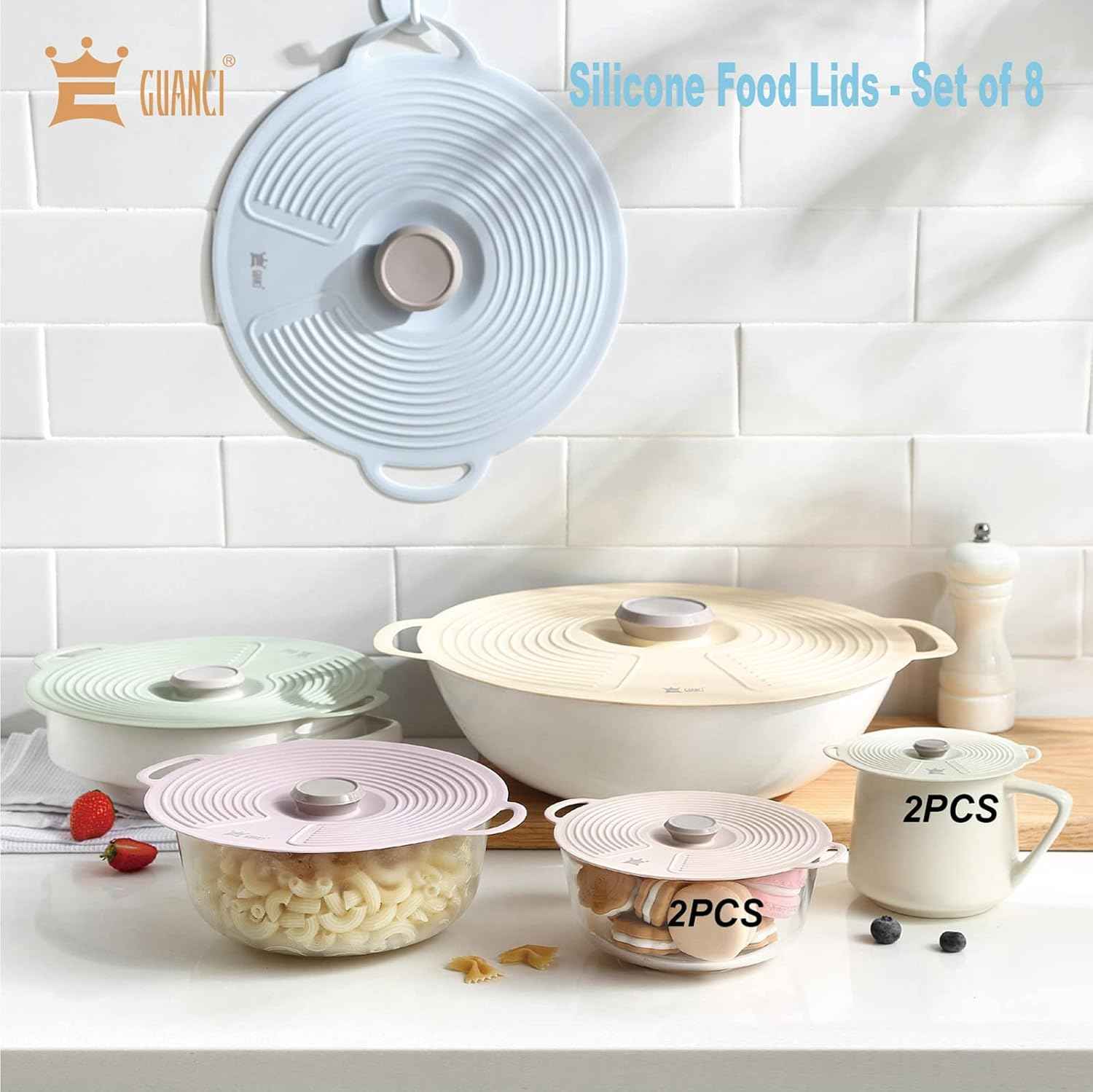 GUANCI 8 Pack Silicone Lids, Microwave Safe, Reusable, Heat Resistant, Fits Cups, Bowls, Pots, Pans, Stove Top, Oven, Fridge, Dishwasher