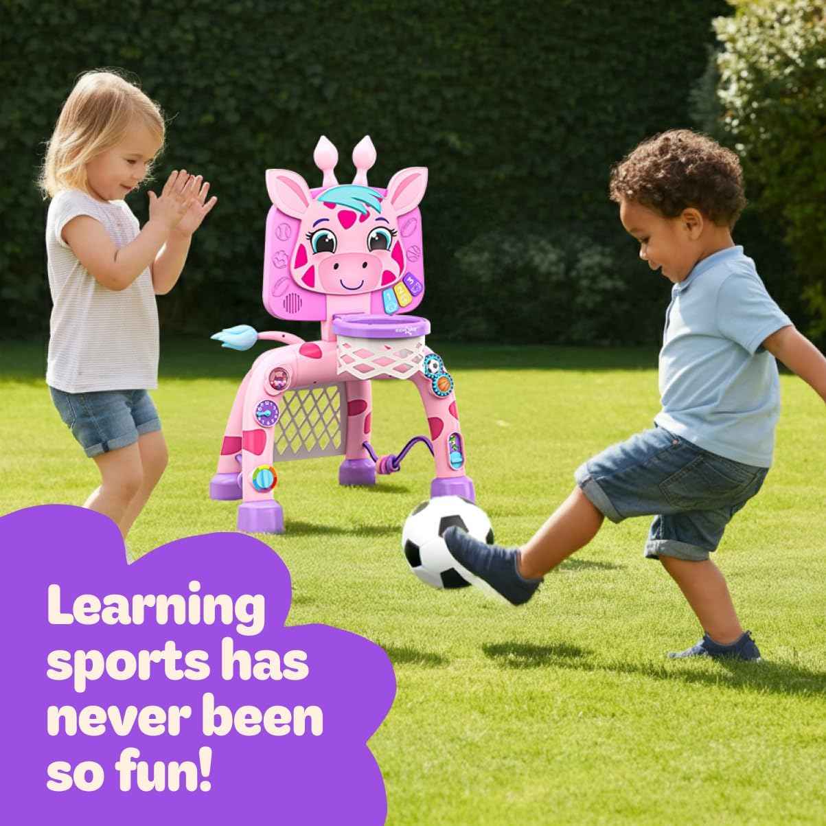 move2play giraffe basketball hoop & soccer goal activity center for 1, 2, 3+ year old