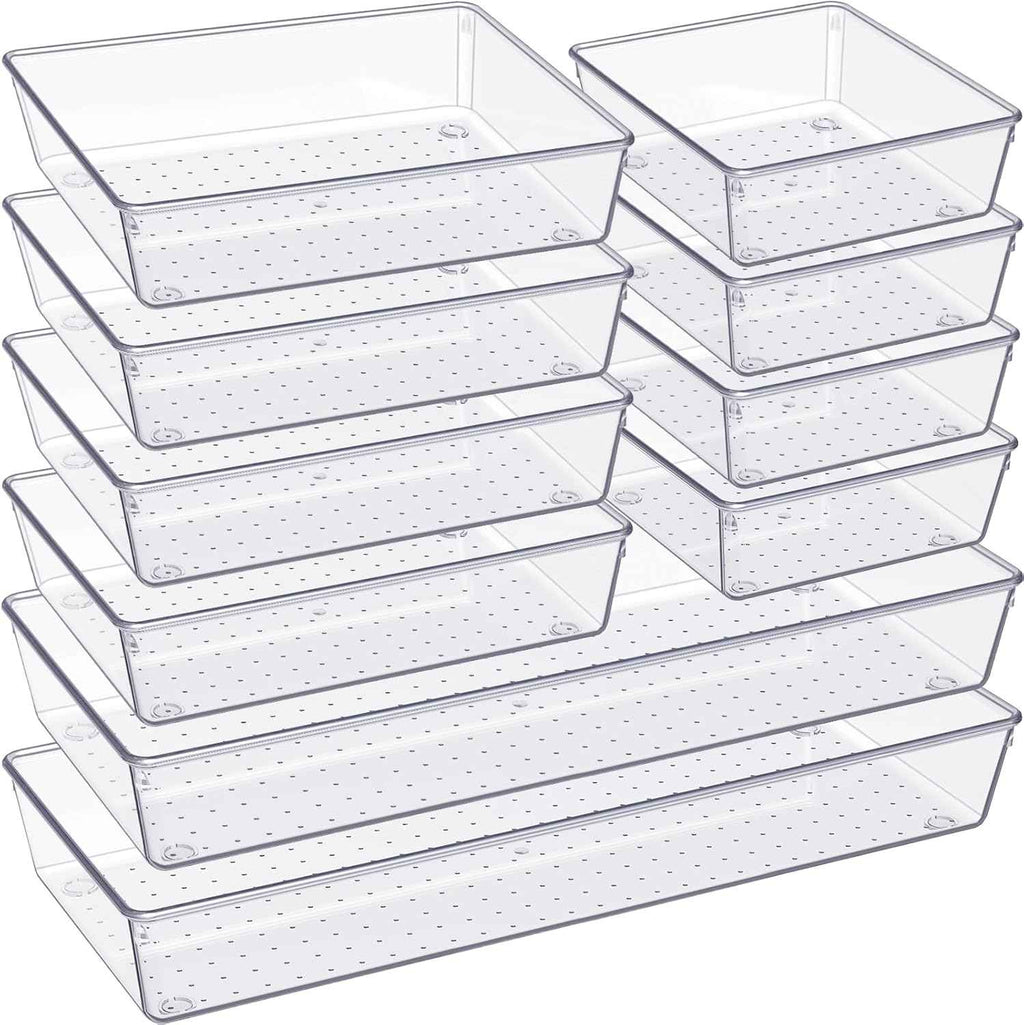 Criusia 10 Pack Large Clear Plastic Drawer Organizer Set 3 Size Versatile Bathroom Vanity Organizer Trays