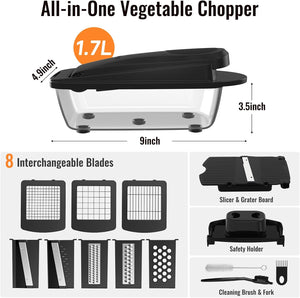 8 Blade All-in-1 Vegetable Chopper Mandoline Slicer with Container, Food Chopper, Onion Chopper, Veggie Cutter for Salad, Kitchen Gadgets Accessories Essentials, Black