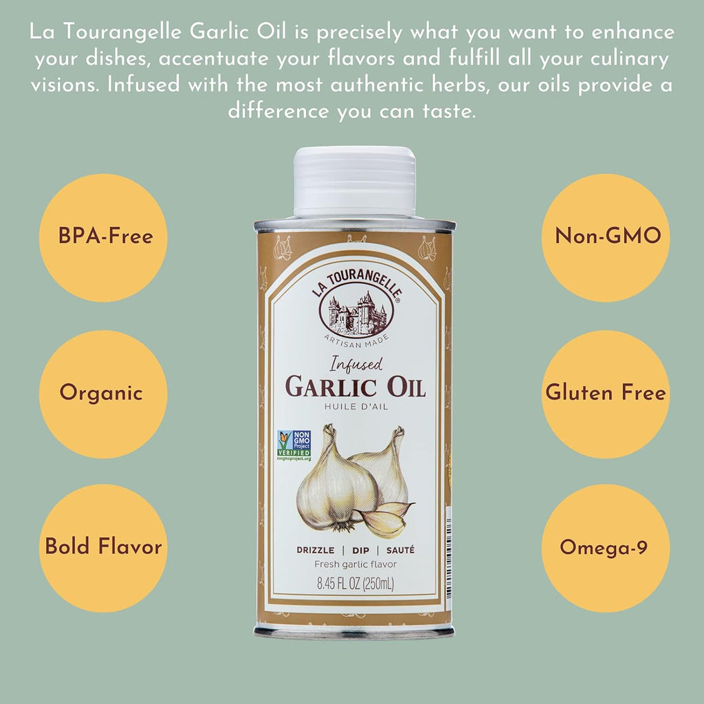 la tourangelle garlic oil high oleic oil for cooking pastas salad dressings and drizzling on popcorn 8.45 fl oz