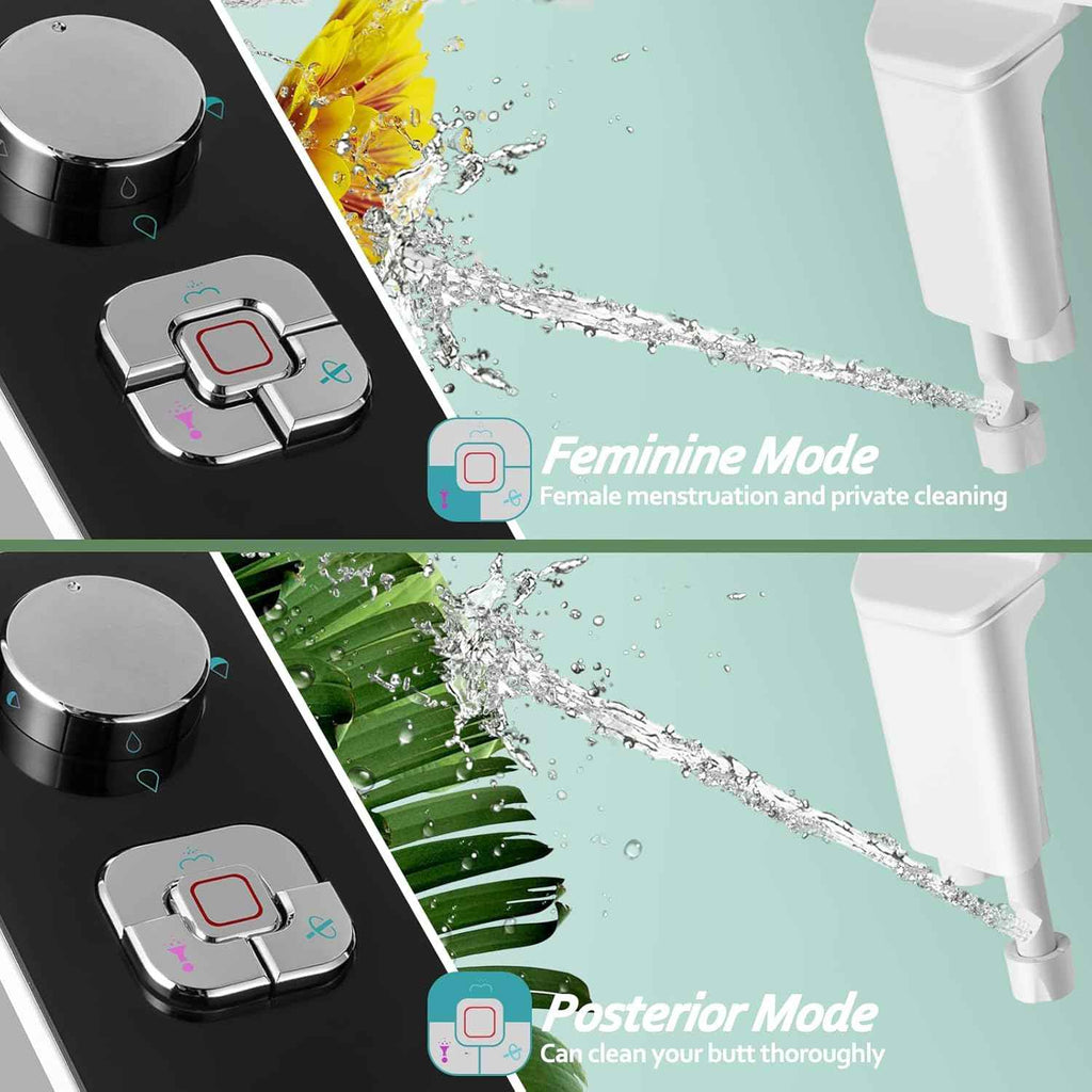 Samodra non-electric cold water bidet toilet seat attachment with pressure controls, retractable nozzles, black finish.