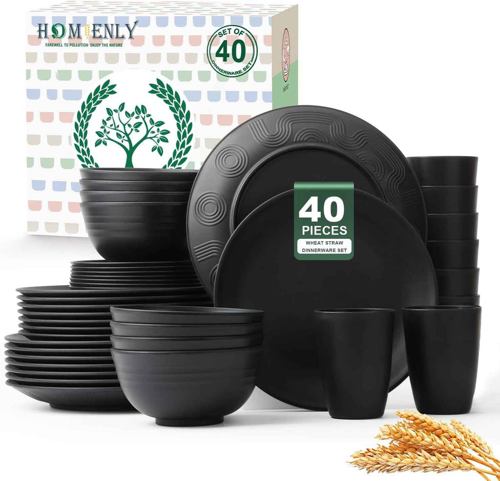 Homienly 40-Piece Premium Wheat Straw Dinnerware Sets, Service for 8, Unbreakable Plates and Bowls Set - Cups Sets, Dinner Plates, Bowls for Kitchen,Dishwasher and Microwave Safe Dishes Set - Multi
