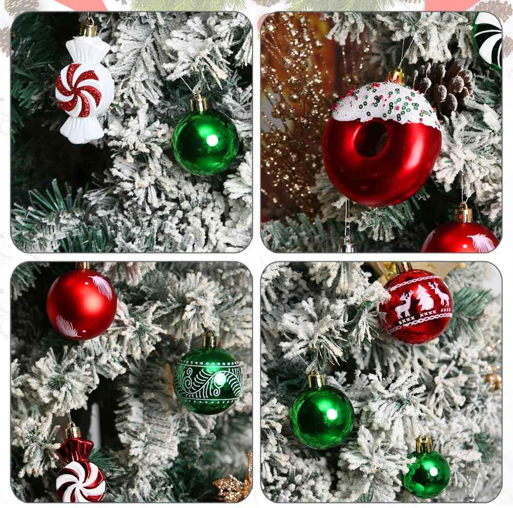 Christmas Tree Ornaments, Green Red White Christmas Ball Ornaments Set of 60 Pack Shatterproof Plastic Xmas Decorations for Home Party Tree