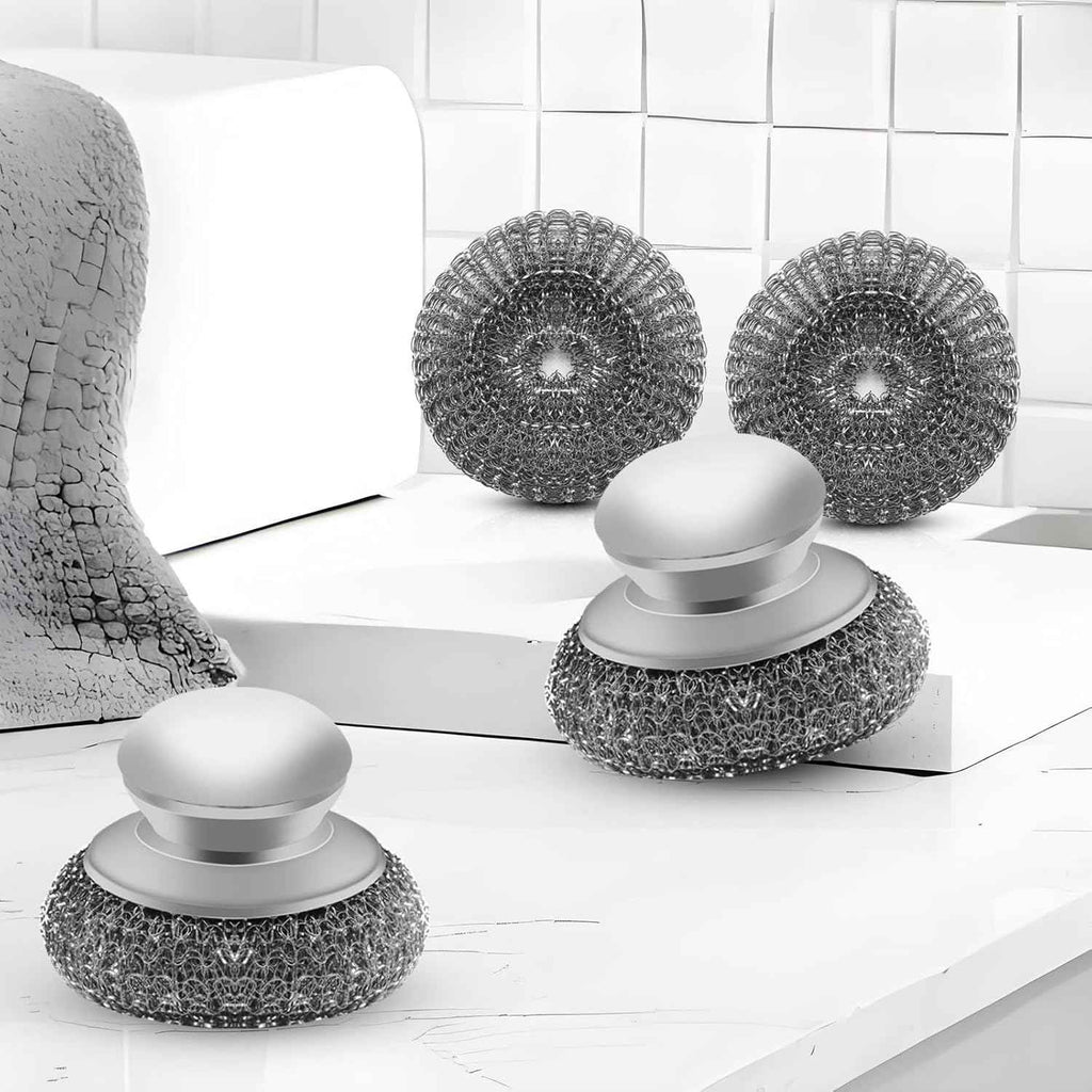 stainless steel wool scrubber with 2 replacement pads for cleaning metal pans pots grills