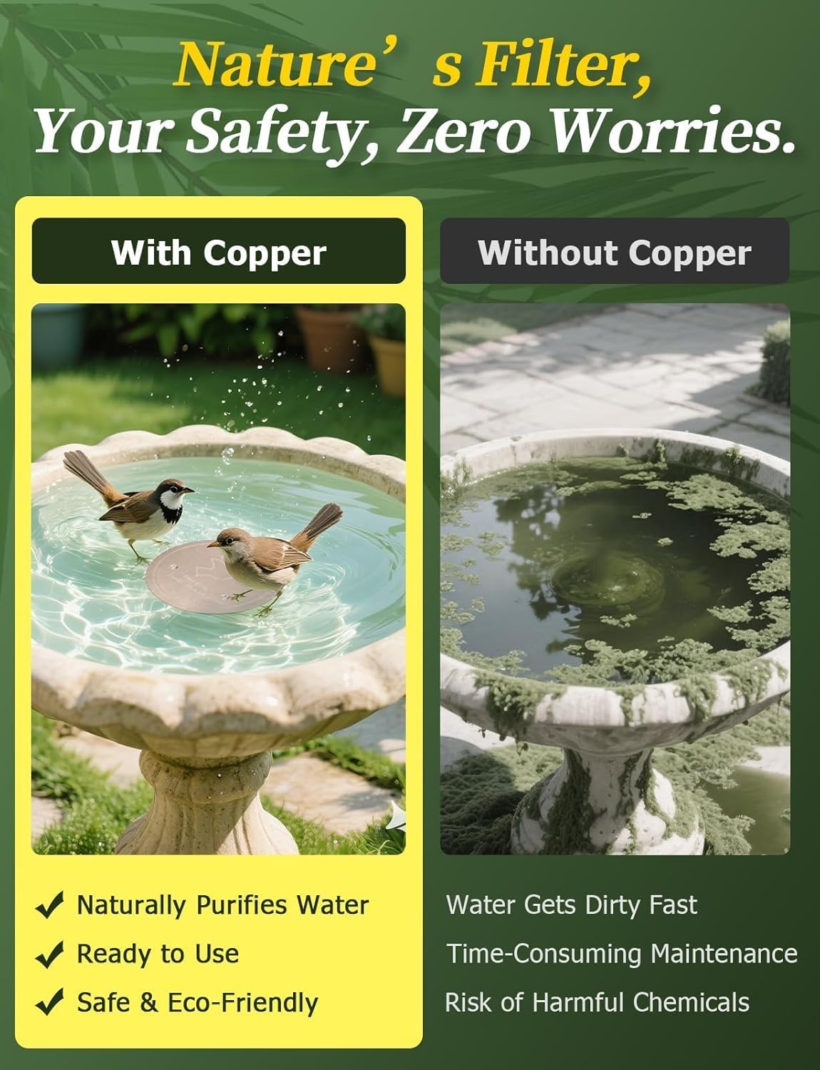 Mellbree Bird Bath Copper Disk, 0.6mm Reinforced 99.99% PLre Copper Cleaning Disk for Physical Safe Clean Water All-Season, Universal Fit for Outdoor Birdbaths, Bowl, Bird Bath Solar