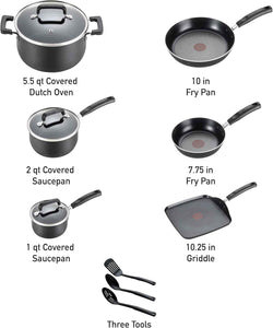 T-fal Signature Nonstick Cookware Set, 12 Piece, Oven Safe, Black, Dishwasher Safe, Kitchen Cooking Set